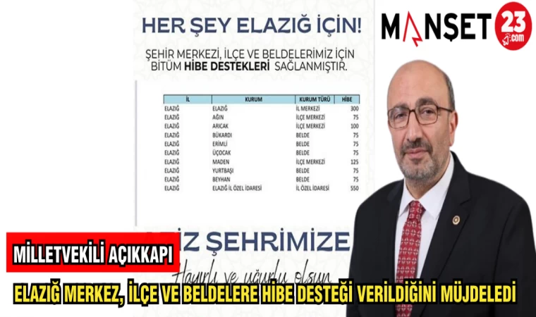 MİLLETVEKİLİ AÇIKKAPI: ELAZIĞ MERKEZ İLÇE VE BELDELERE HİBE DESTEĞİ VERİLDİĞİNİ MÜJDELEDİ