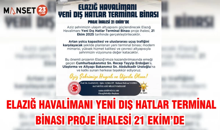 ELAZIĞ HAVALİMANI YENİ DIŞ HATLAR TERMİNAL BİNASI PROJE İHALESİ 21 EKİM’DE