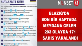 Elazığ’da Son Bir Haftada Meydana Gelen 203 Olayda 171 Şahıs Yakalandı