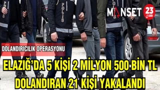 ELAZIĞ'DA 5 KİŞİ 2 MİLYON 500 BİN TL DOLANDIRAN 21 KİŞİ YAKALANDI