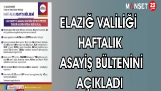 ELAZIĞ VALİLİĞİ HAFTALIK ASAYİŞ BÜLTENİNİ AÇIKLADI