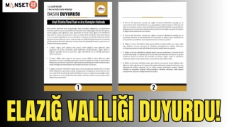 ELAZIĞ VALİLİĞİ DUYURDU!